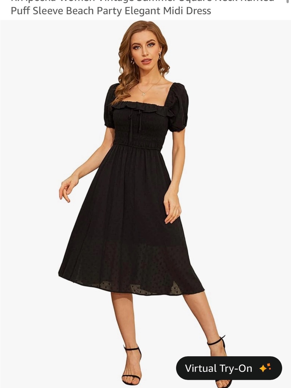 Smocked Square Neck Black Midi Dress with Puff Sleeves